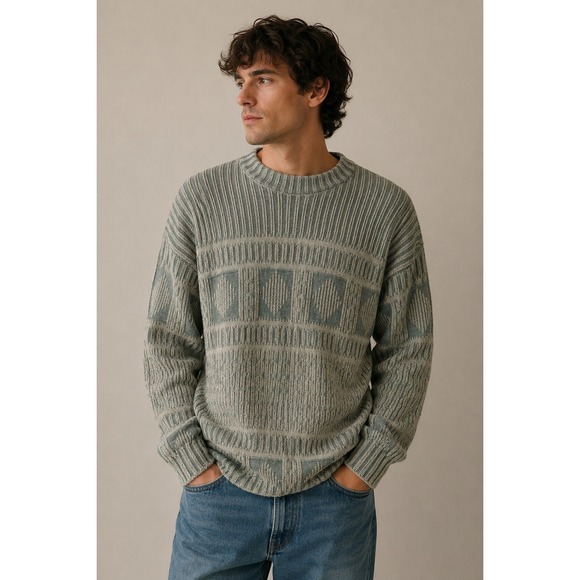 Stuart Hughes Other - Vintage 80s Deadstock Sweater LG Blue Geometric Ribbed Knit Cotton Made in USA